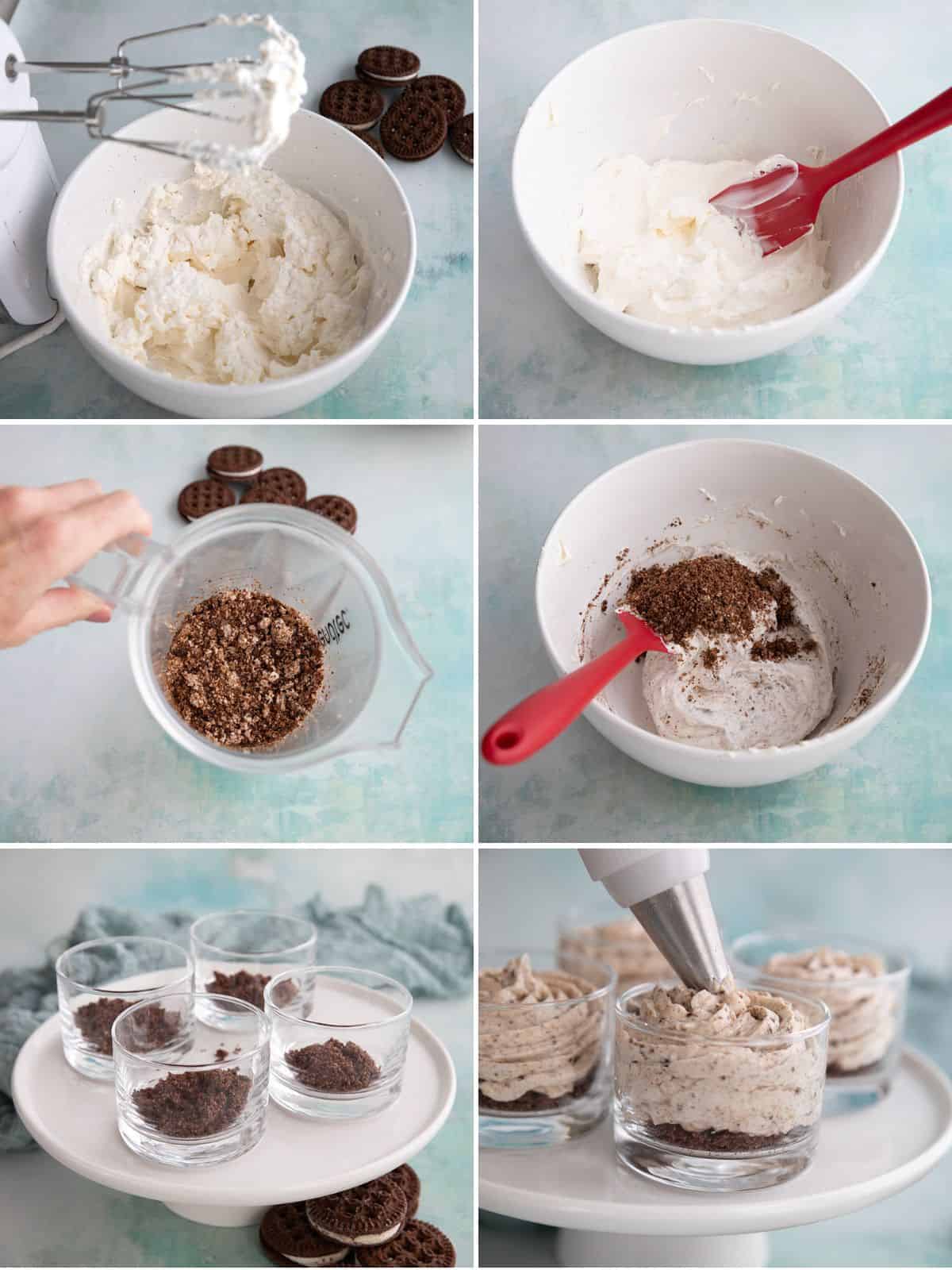 A collage of 6 images showing how to make Keto Cookies and Cream Mousse.