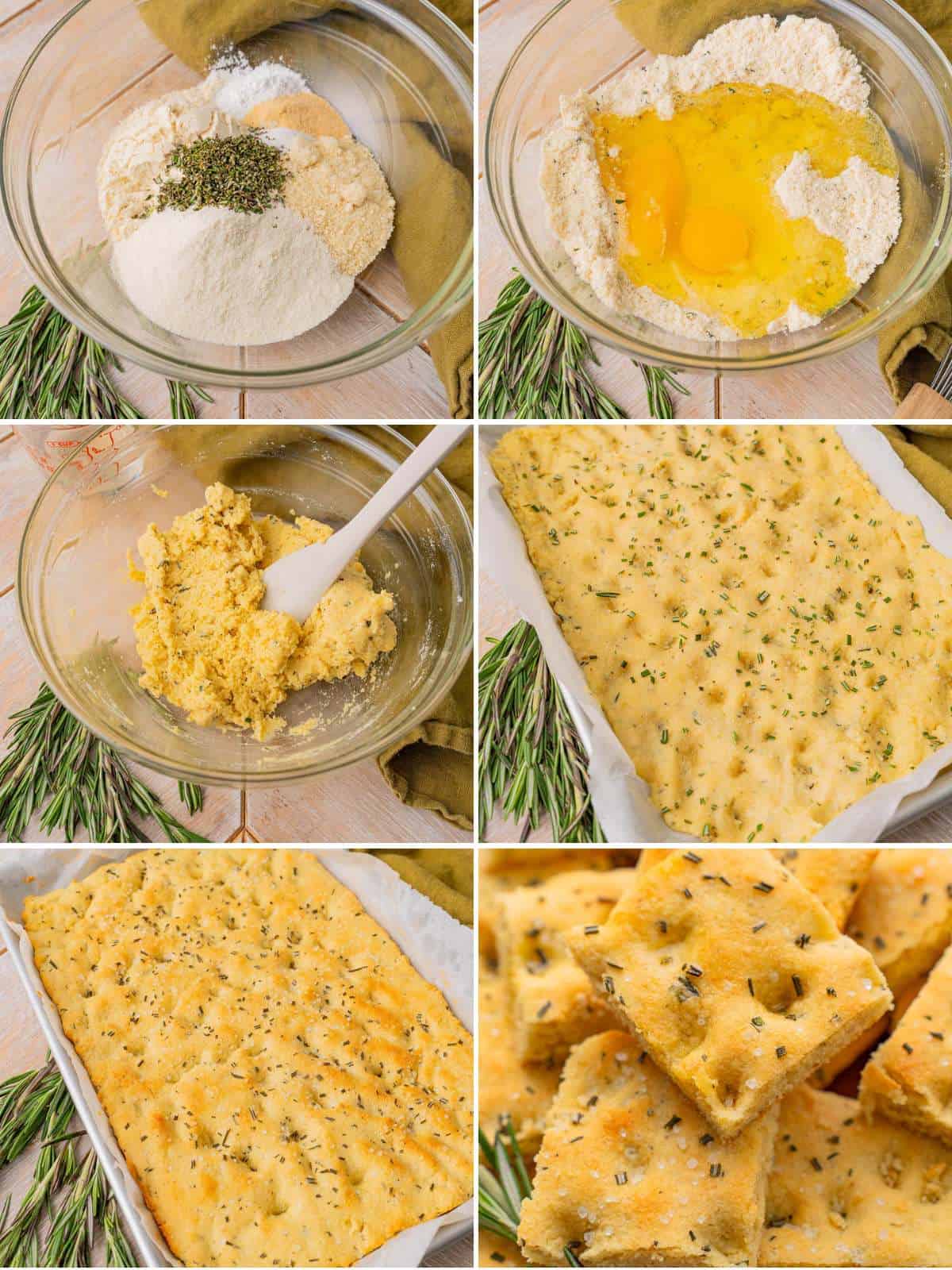A collage of 6 images showing how to make keto focaccia bread.