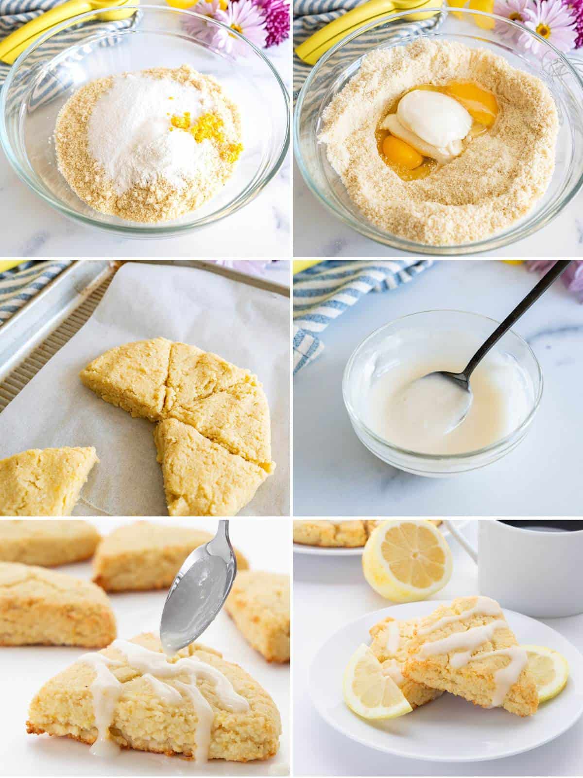 A collage of 6 images showing how to make Keto Lemon Ricotta Scones.