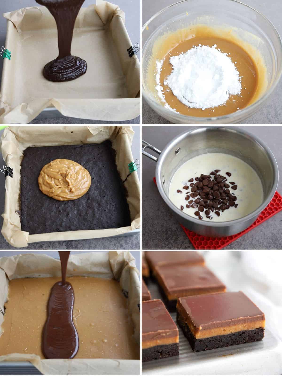 A collage of 6 images showing the steps for making keto peanut butter fudge brownies.