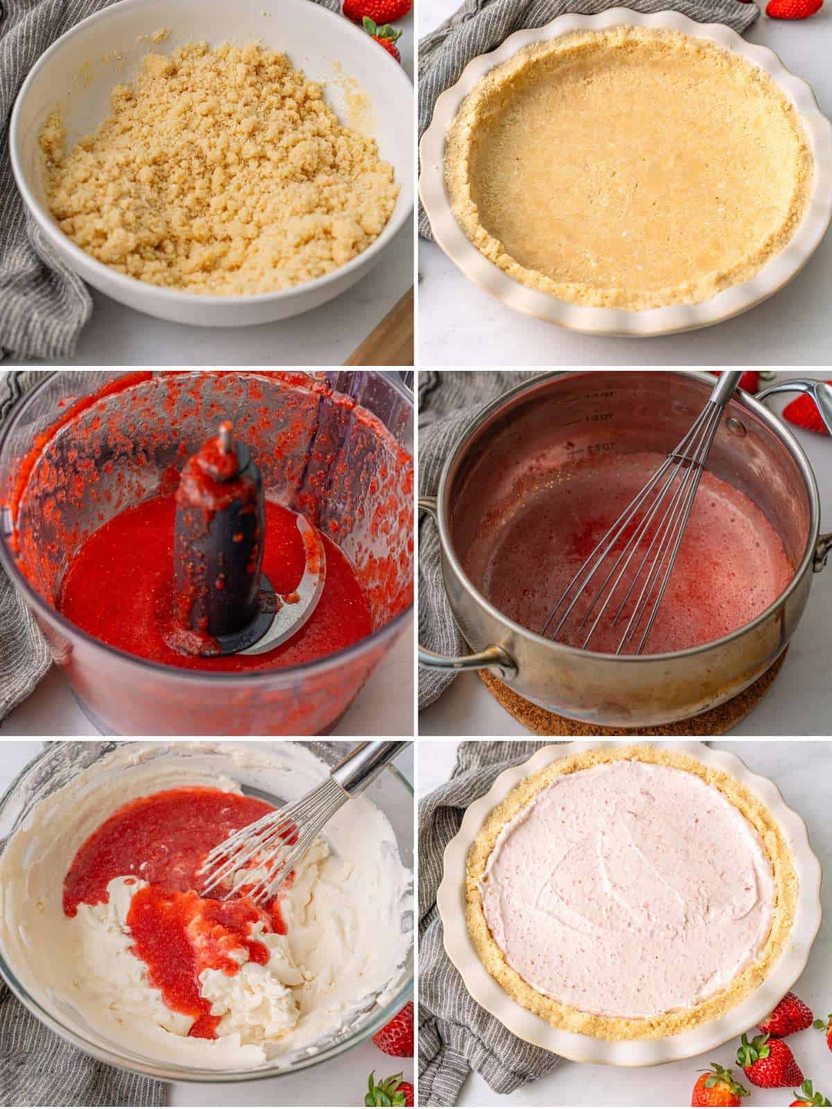 A collage of 6 images showing how to make Keto Strawberry Pie.