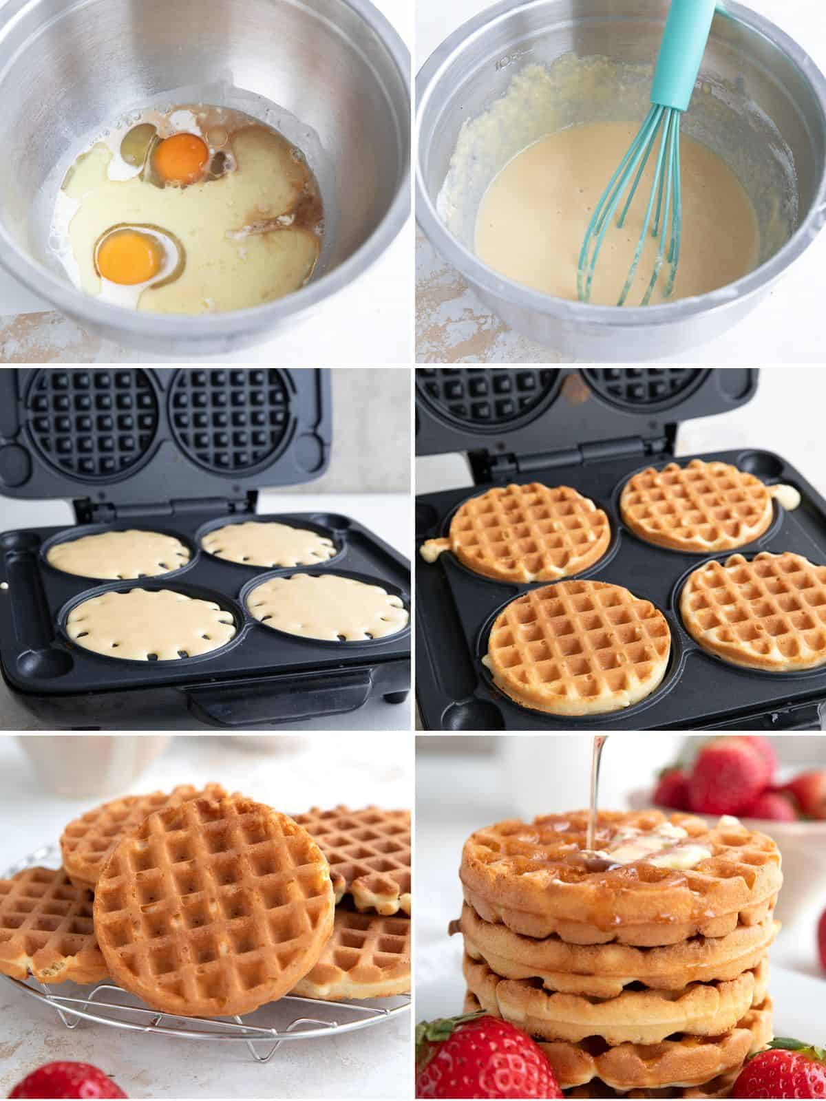 A collage of 6 images showing how to make keto waffles.
