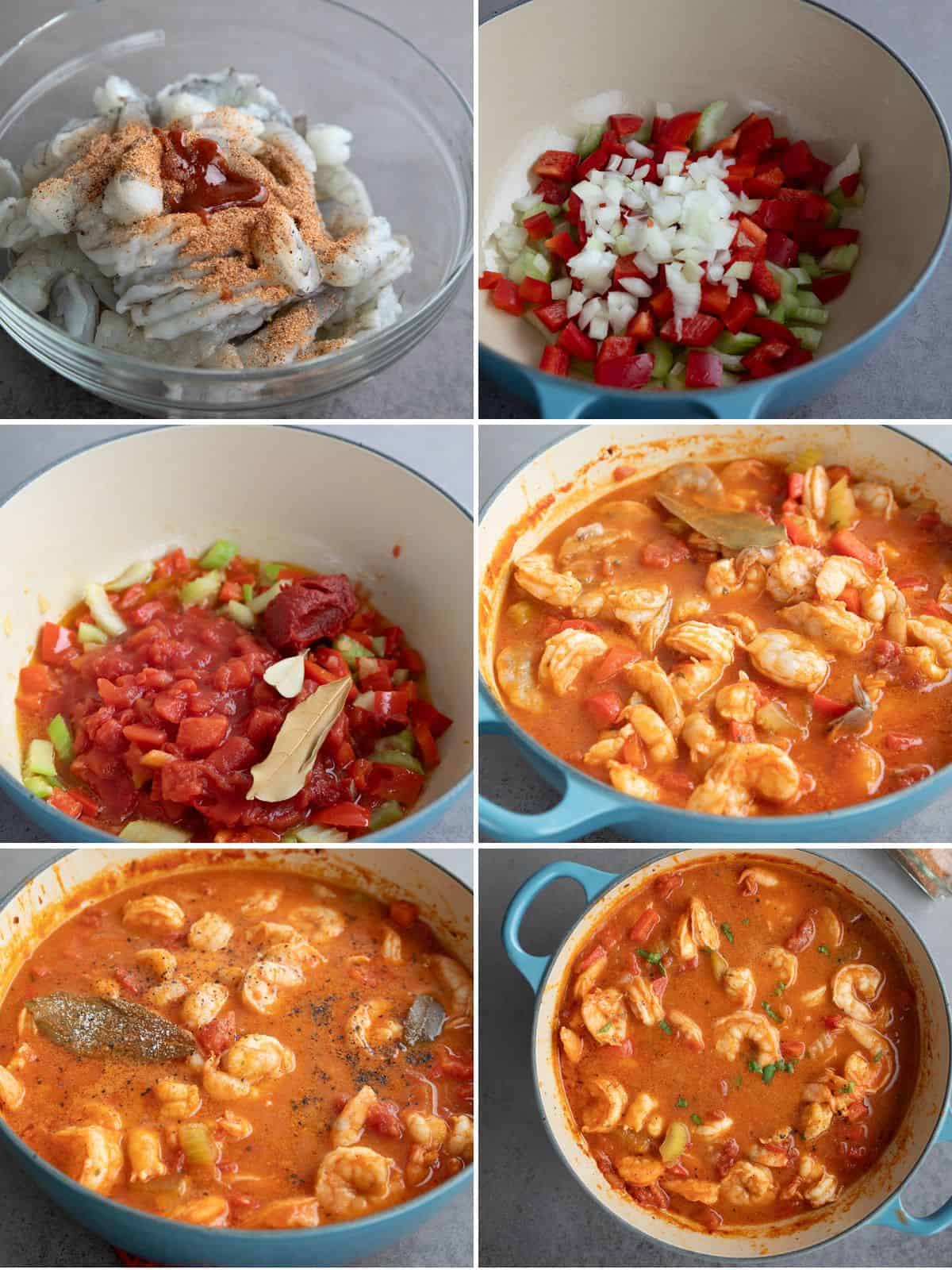 A collage of 6 image showing how to make Shrimp Creole.