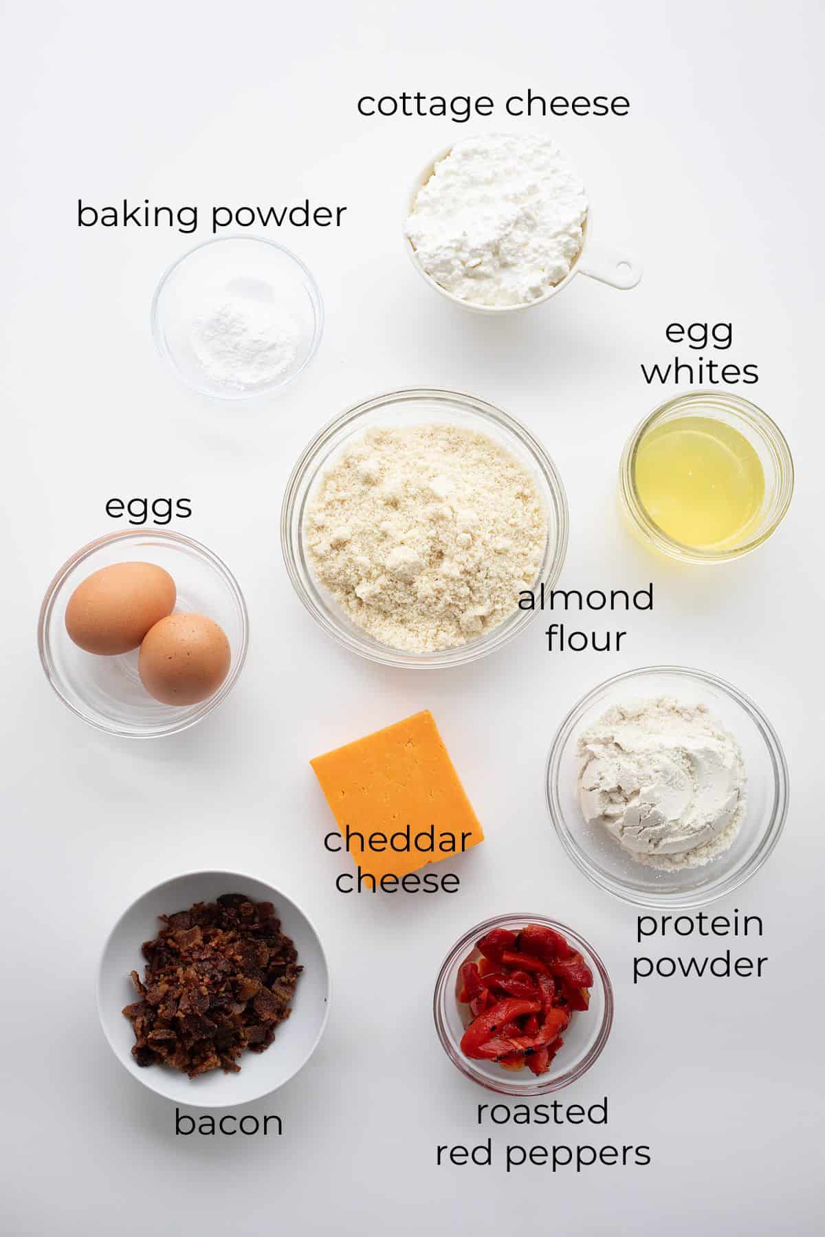 Top down image of ingredients needed for cottage cheese muffins.