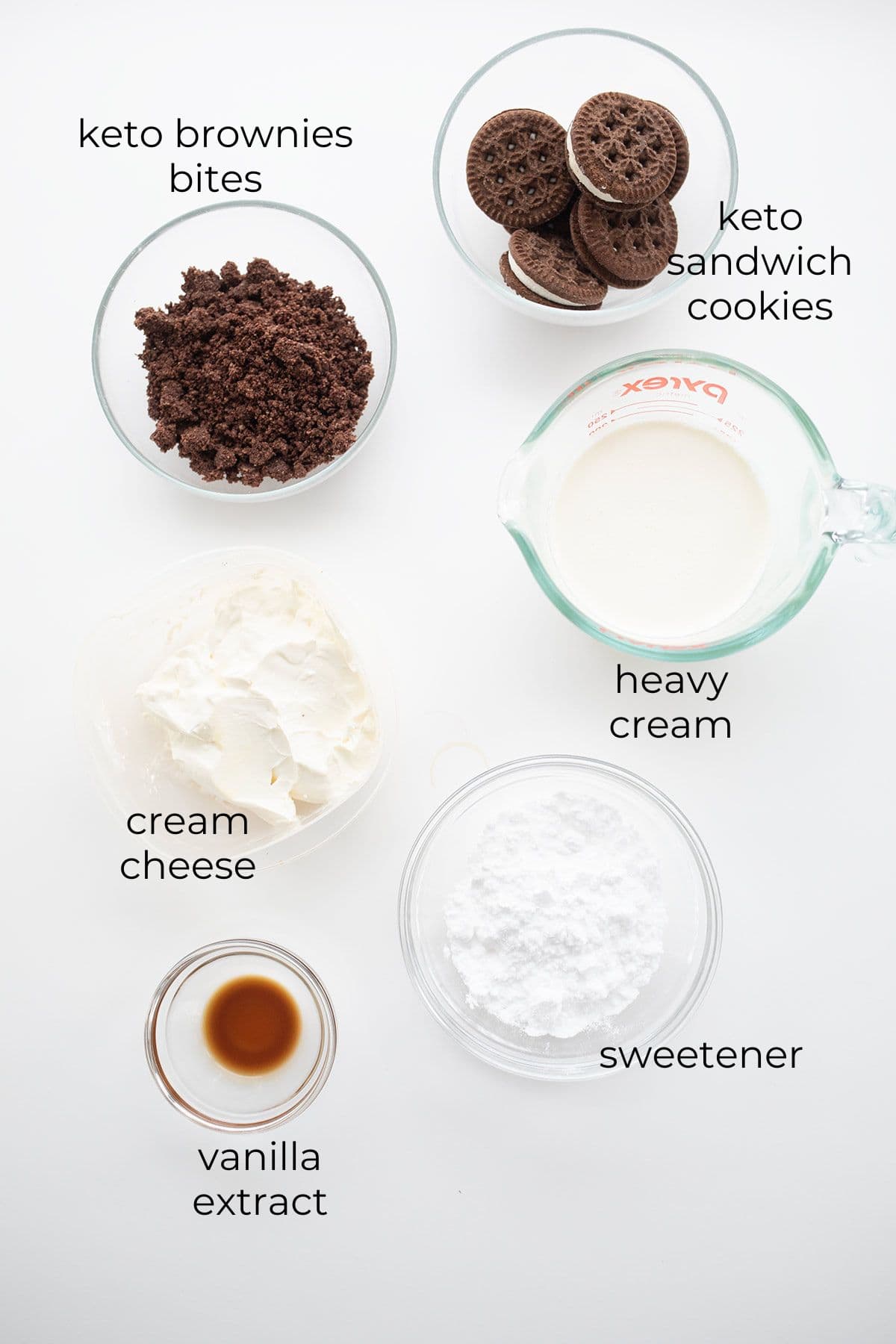 Top down image of ingredients needed for Keto Cookies and Cream Mousse.
