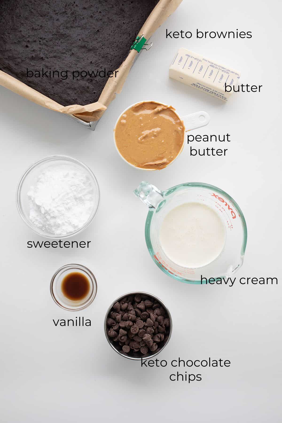 Top down image of ingredients needed for Keto Peanut Butter Brownies.