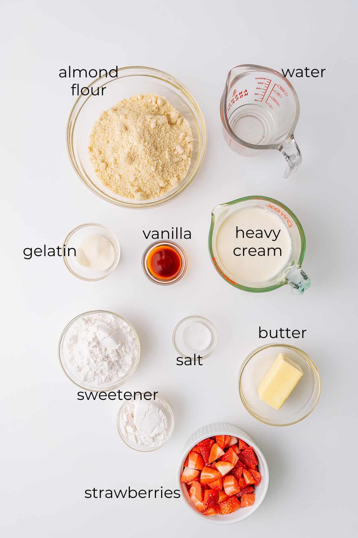 Top down image of ingredients needed for Keto Strawberry Cream Pie.