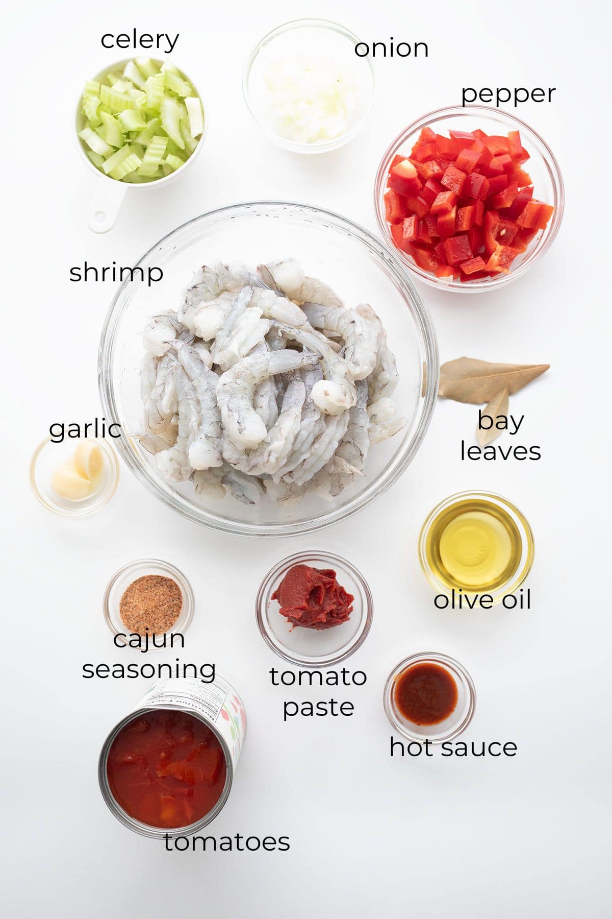 Top down image of ingredients needed for Shrimp Creole.