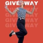 Graphic of Carolyn in Lesley Evers outfit on colored background that says giveaway all over it.