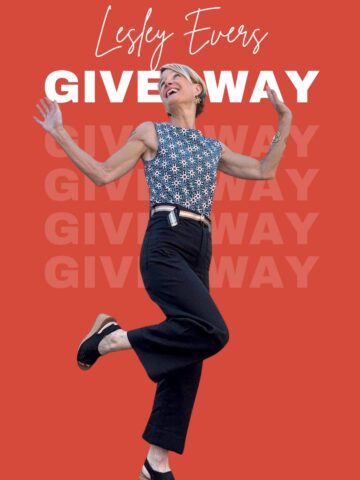 Graphic of Carolyn in Lesley Evers outfit on colored background that says giveaway all over it.