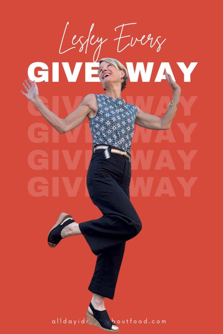 Graphic of Carolyn in Lesley Evers outfit on colored background that says giveaway all over it.