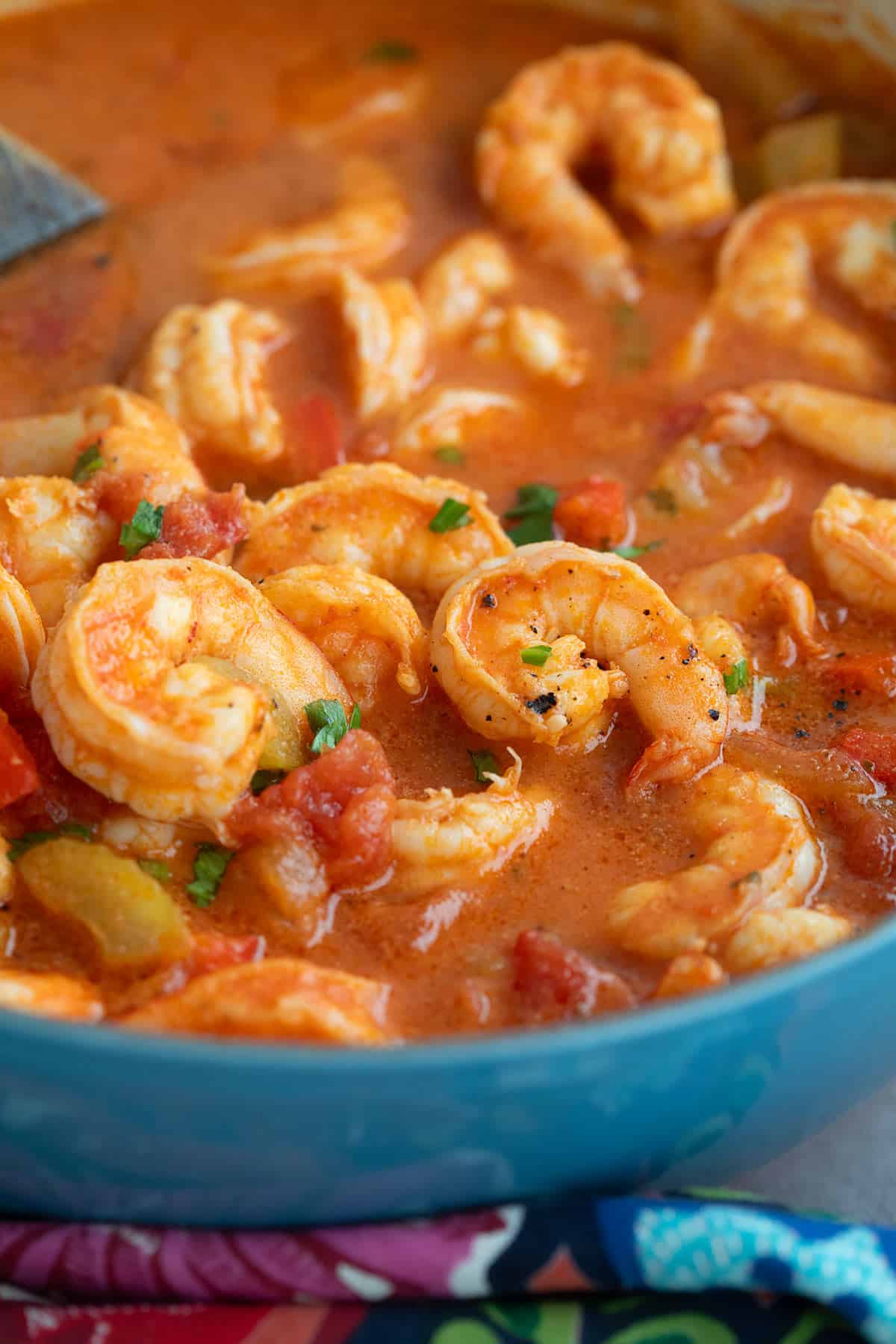 Close up shot of Shrimp Creole in a blue Dutch oven.