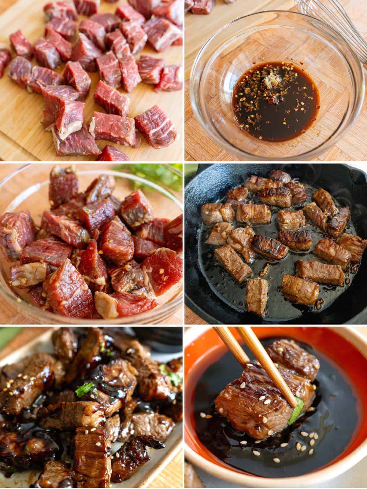 A collage of 6 images showing how to make Asian Steak Bites.