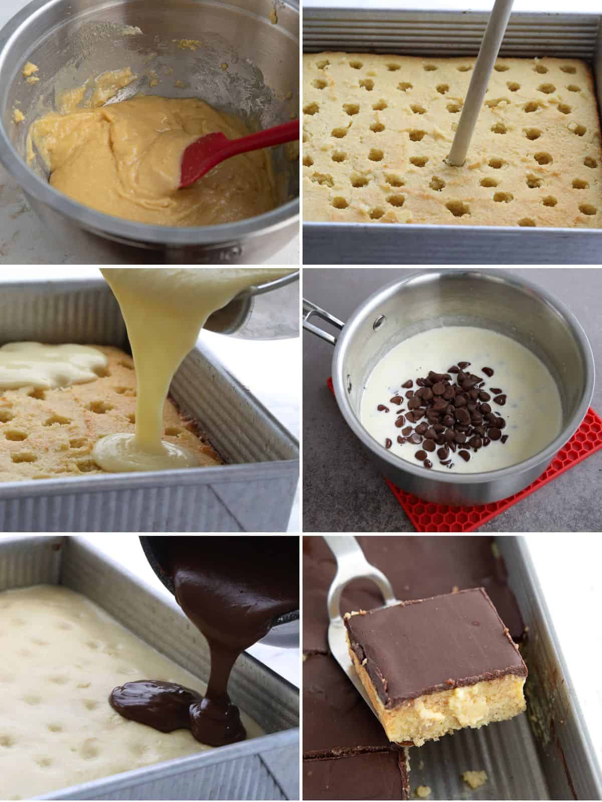A collage of 6 images showing how to make Keto Boston Cream Poke Cake.