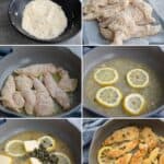 A collage of 6 images showing the steps for making Keto Chicken Piccata.