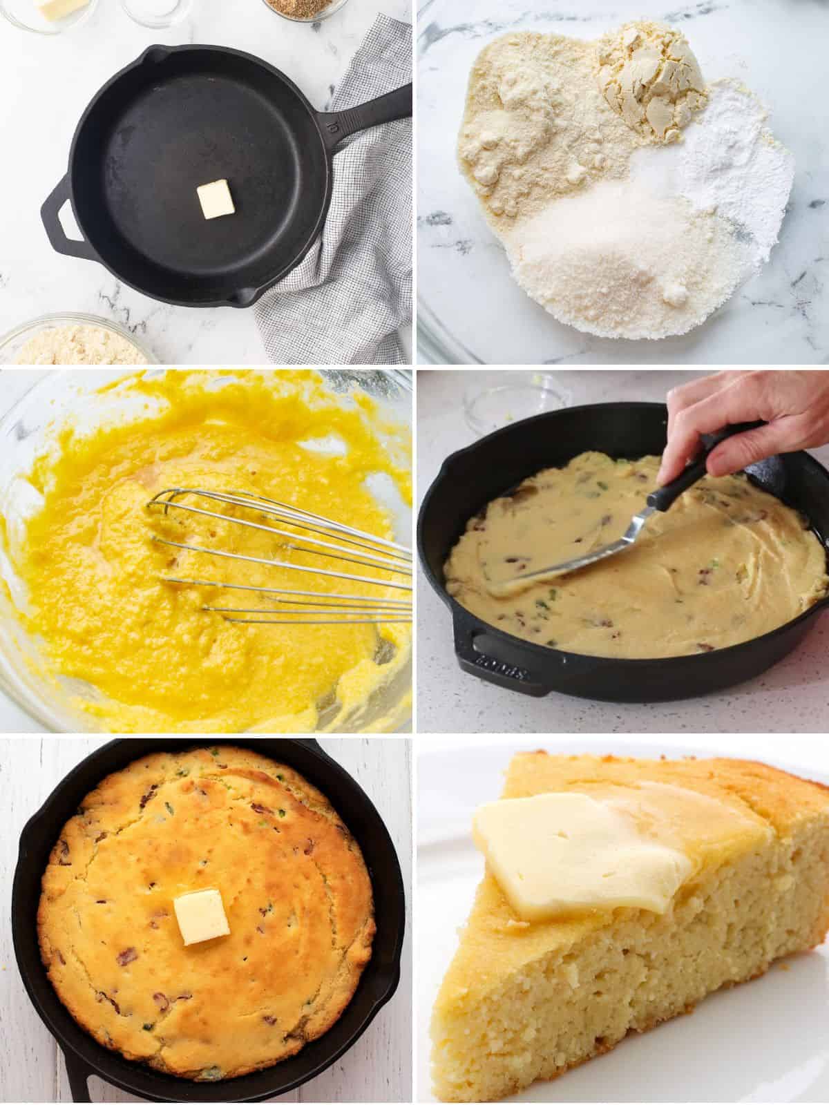 A collage of 6 images showing how to make keto cornbread.