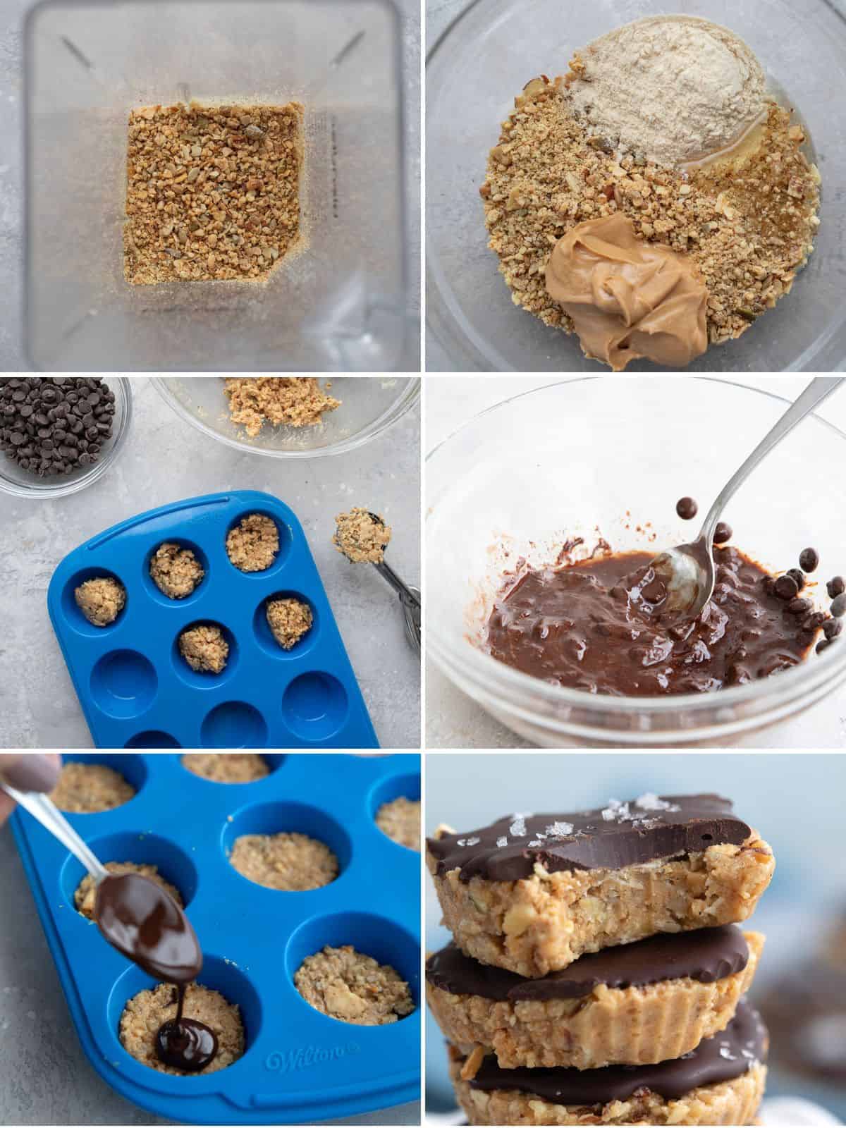 A collage of 6 images showing the steps for making easy keto protein bites.