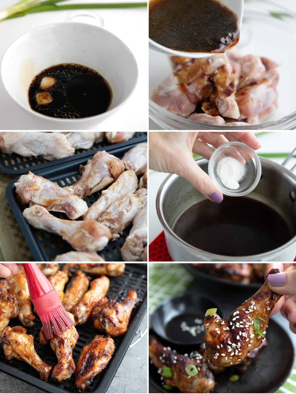 A collage of 6 images showing how to make Keto Teriyaki Chicken Wings.