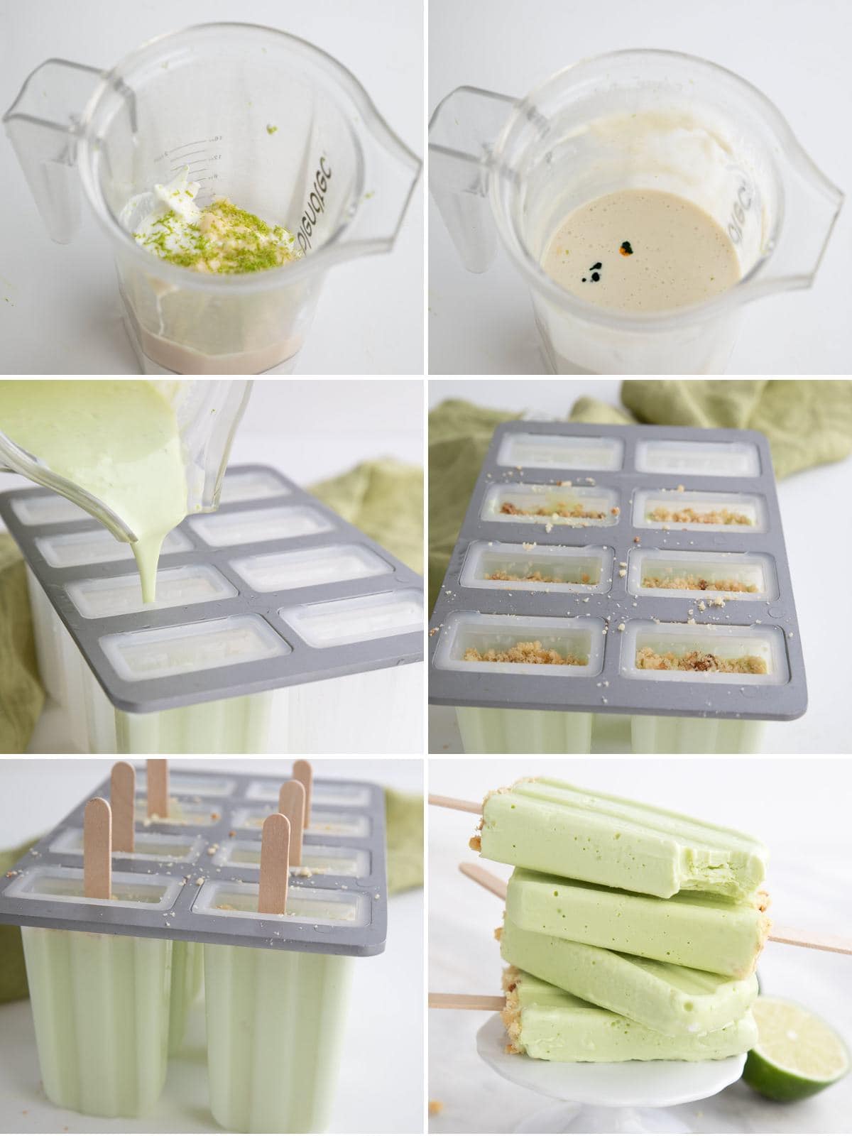 A collage of 6 images showing how to make Keto Key Lime Protein Popsicles.