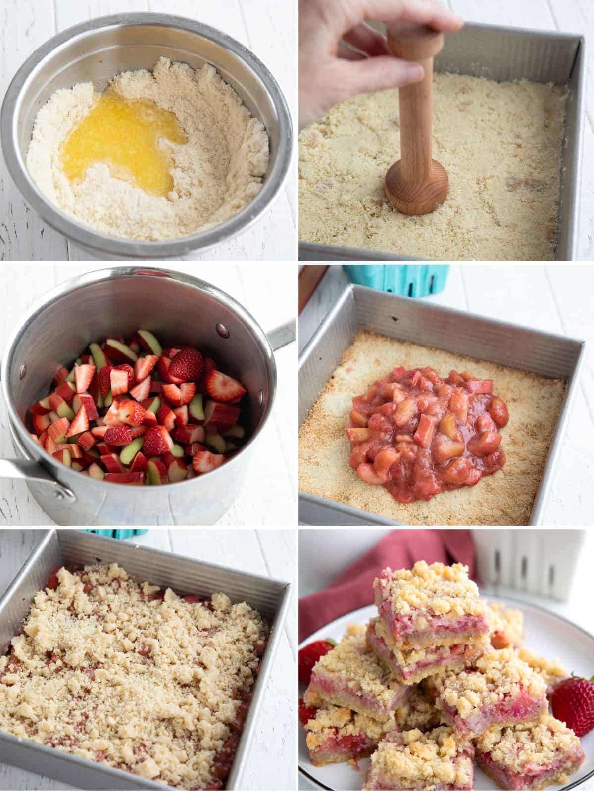 A collage of 6 images showing how to make Keto Strawberry Rhubarb Crumb Bars.