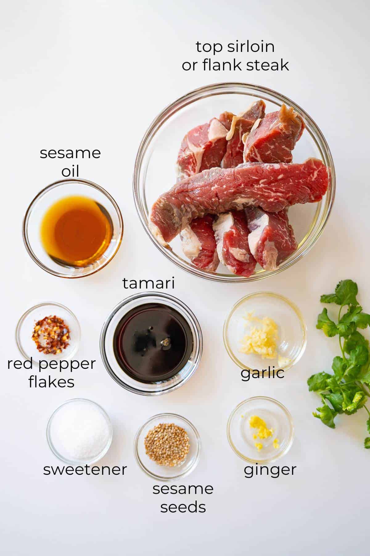 Top down image of ingredients needed for Asian Steak Bites.
