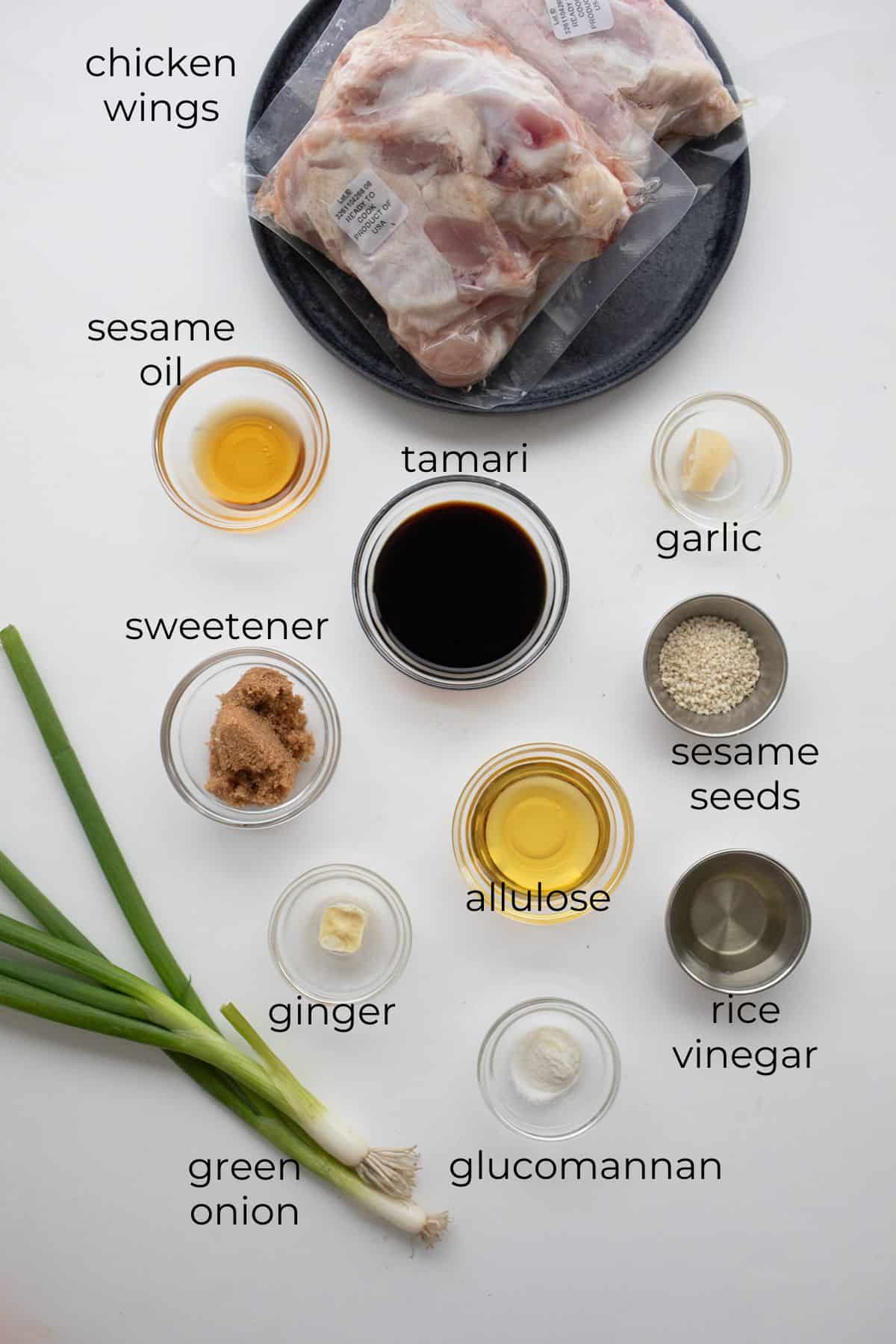 Top down image of ingredients needed for Keto Teriyaki Chicken.