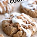 Titled image of Keto Coffee Cake Cookies on brown parchment paper, with vanilla glaze drizzled over.