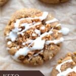 Top down image of a keto coffee cake cookie on brown parchment paper.