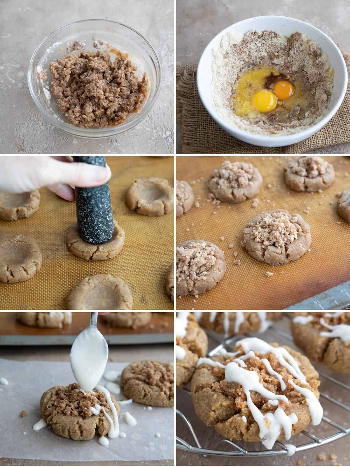 A collage of 6 images showing how to make Keto Coffee Cake Cookies.