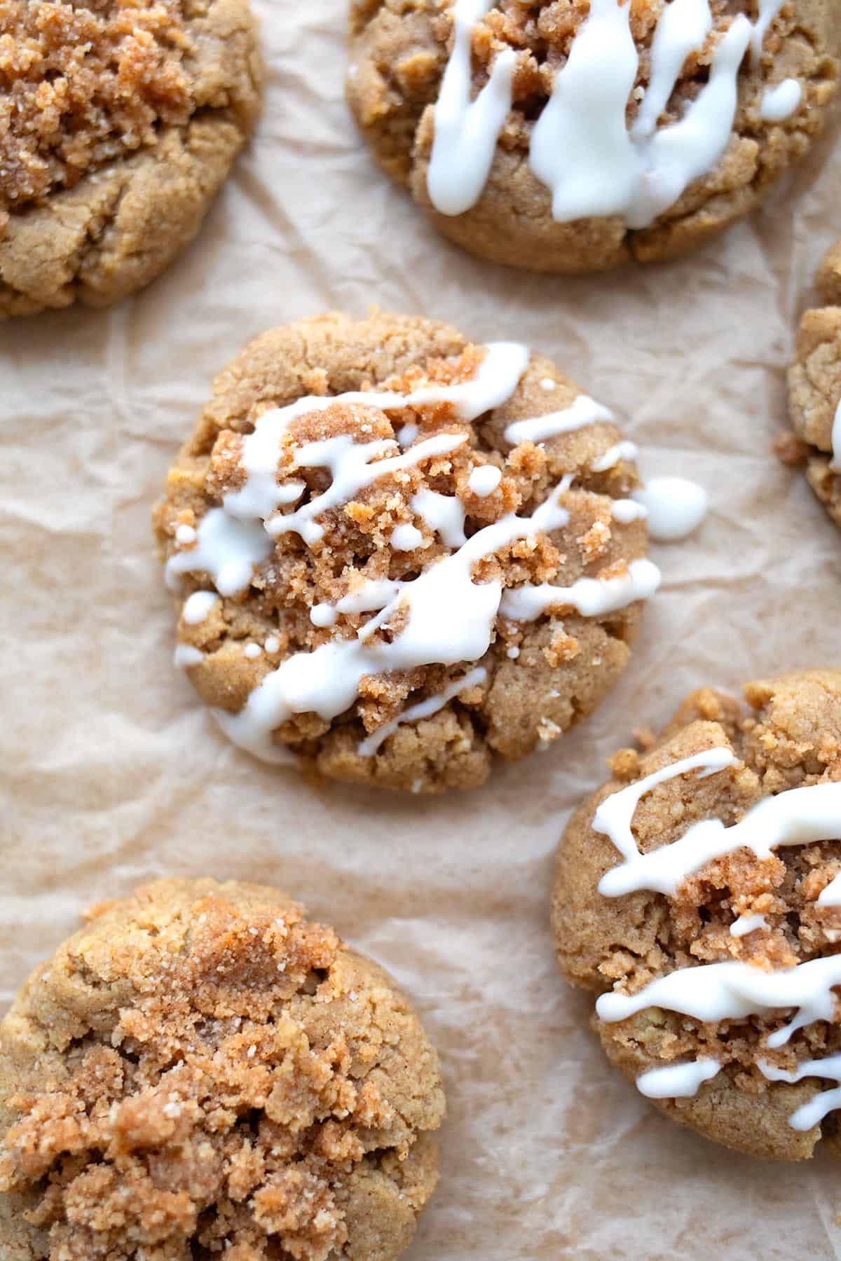 Top down image of Keto Coffee Cake Cookies on parchment paper.