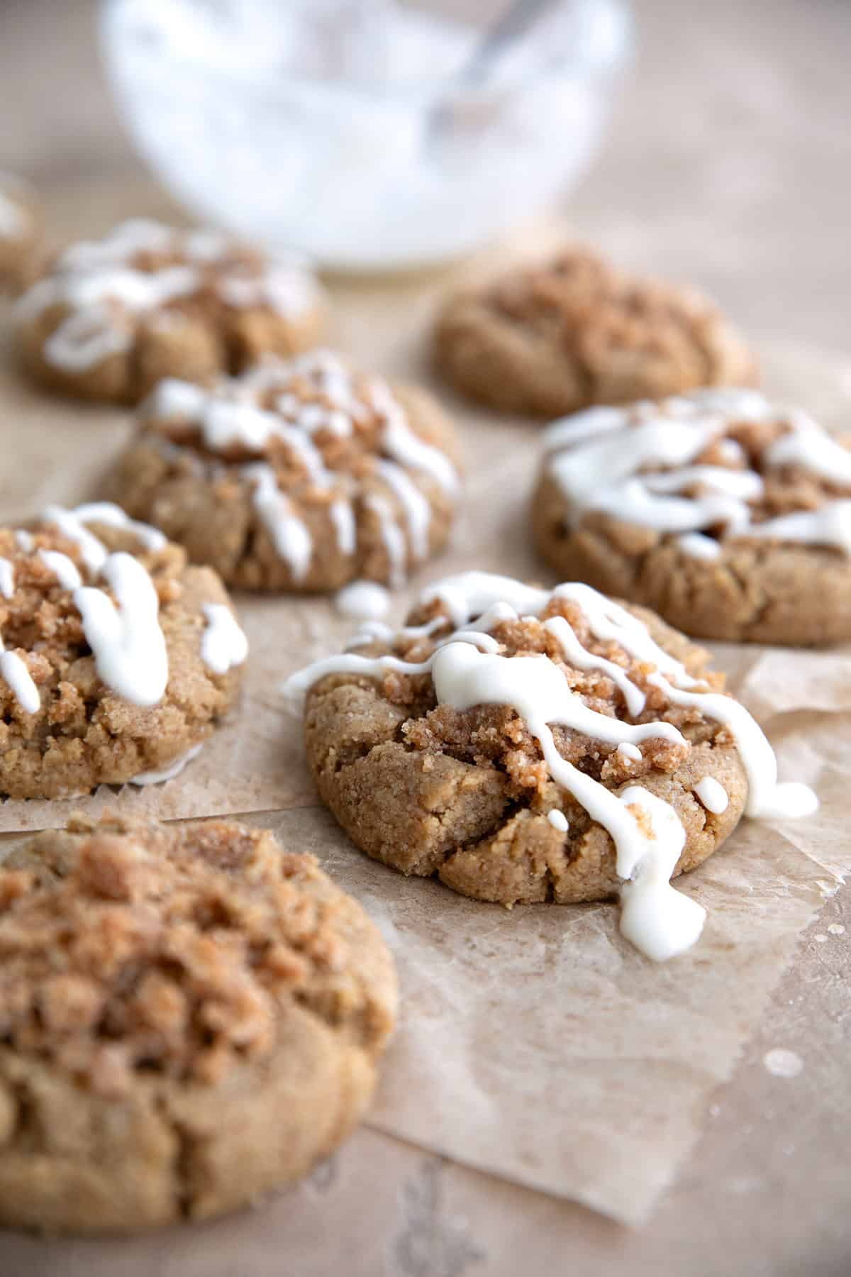 Keto Coffee Cake Cookies with vanilla drizzle overtop.