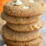 Titled Pinterest image of a stack of keto pumpkin cookies with white chocolate chips.