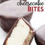 Titled Pinterest image of a close up shot of a chocolate covered keto cheesecake bite cut open to show the inside.