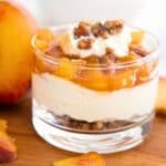 Titled Pinterest image for no-bake Keto Peach Cheesecake.