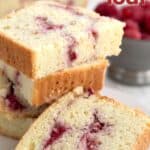 Titled image of slices of Keto Raspberry Swirl Bread on a white plate.