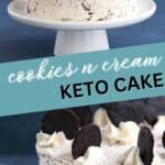 Two photo Pinterest collage for Keto Cookies and Cream Cake