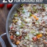 Top down image of Keto Stuffed Pepper Skillet in a stainless steel pan, with the title 20 Easy Keto Recipes for Ground Beef.