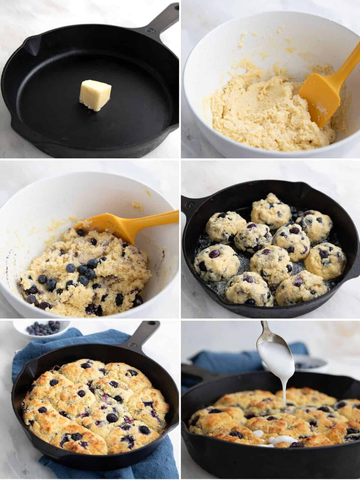 A collage of 6 images showing how to make Keto Blueberry Biscuits.