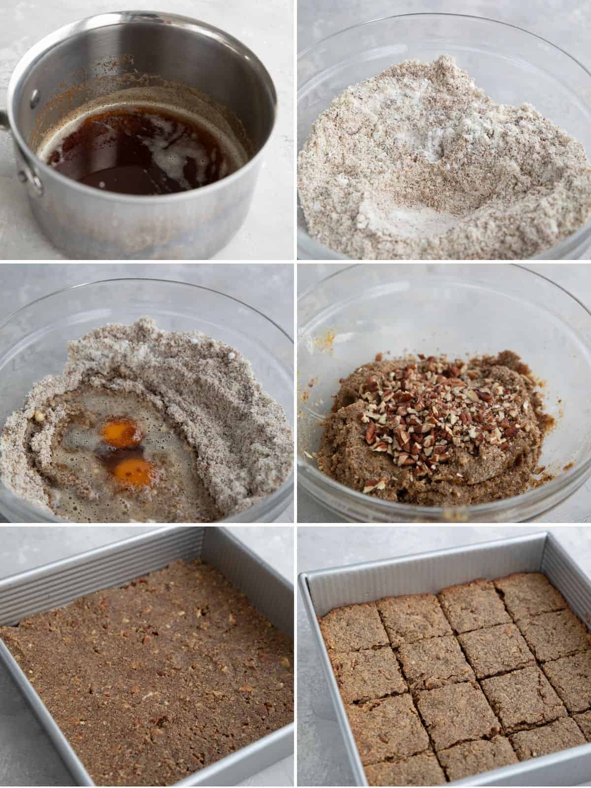 A collage of 6 images showing how to make Keto Pecan Chewies.