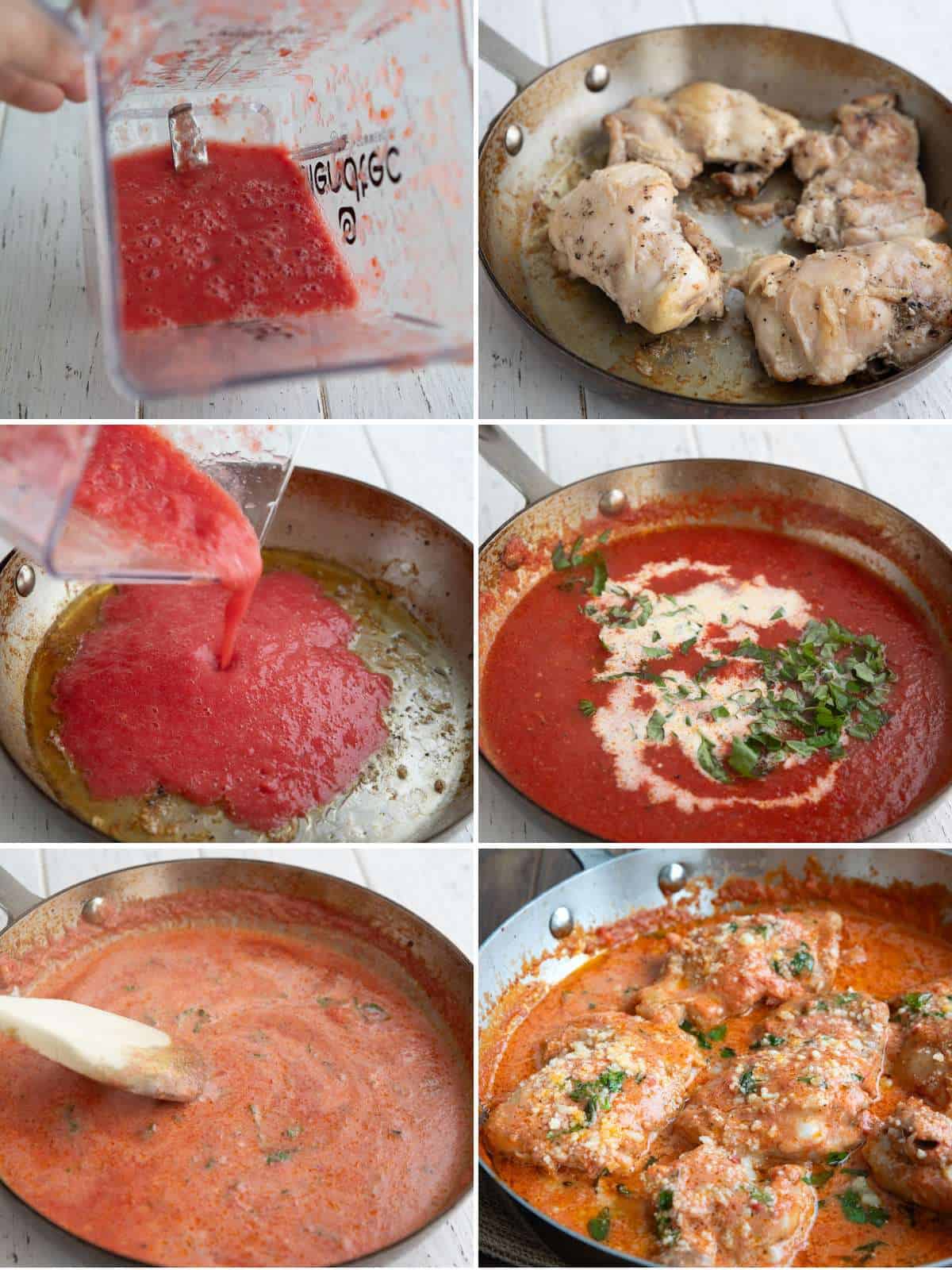 6 image collage showing the steps for making Tomato Basil Chicken.