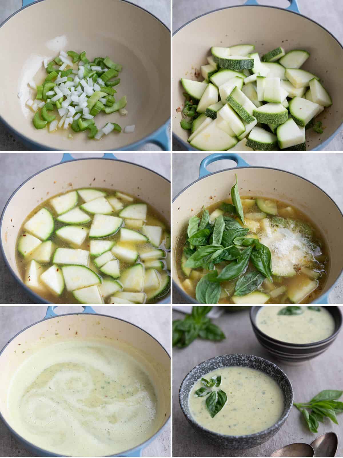 A collage of 6 images showing how to make zucchini soup.