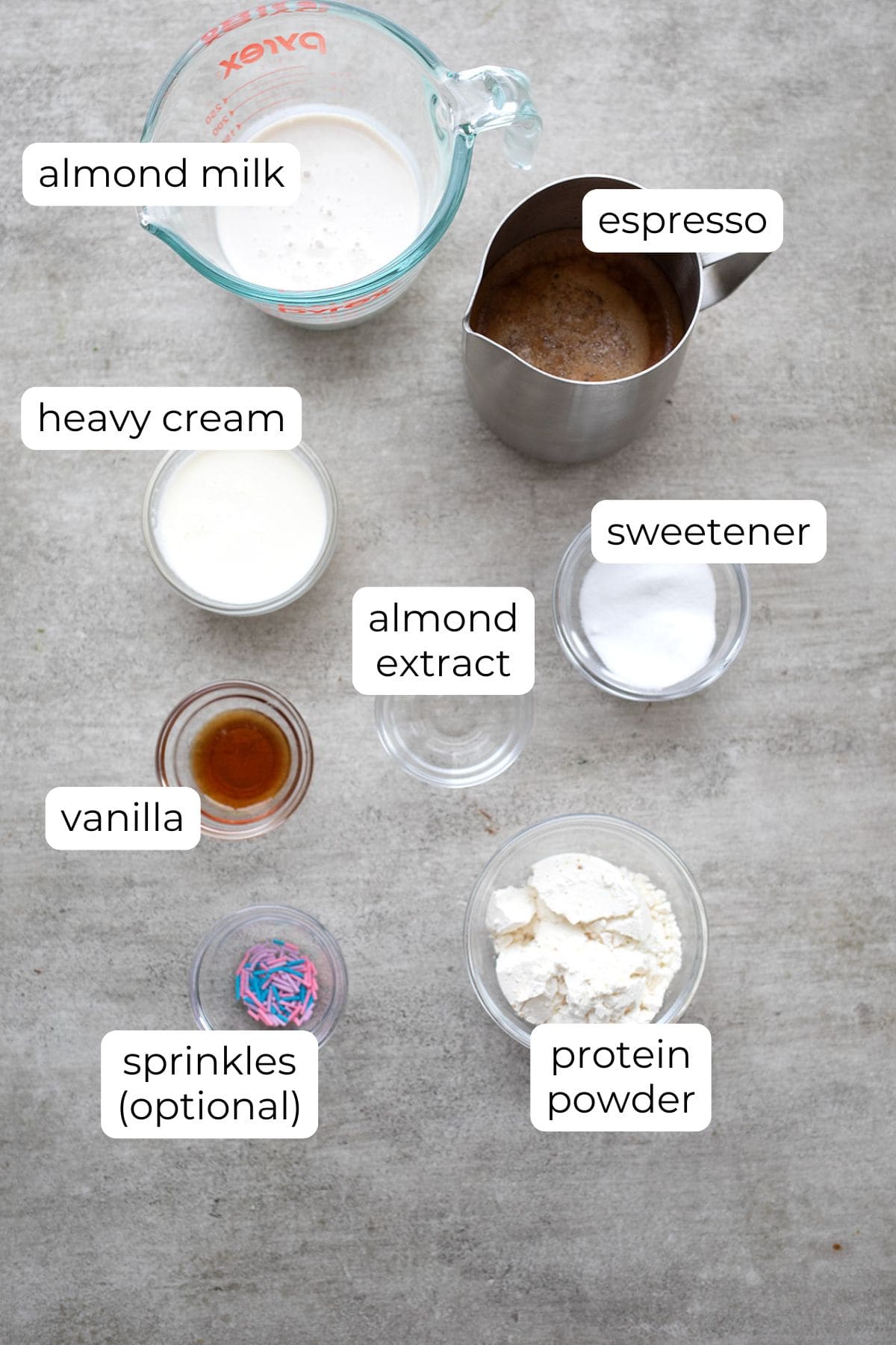 Top down image of ingredients needed for Iced Protein Coffee.