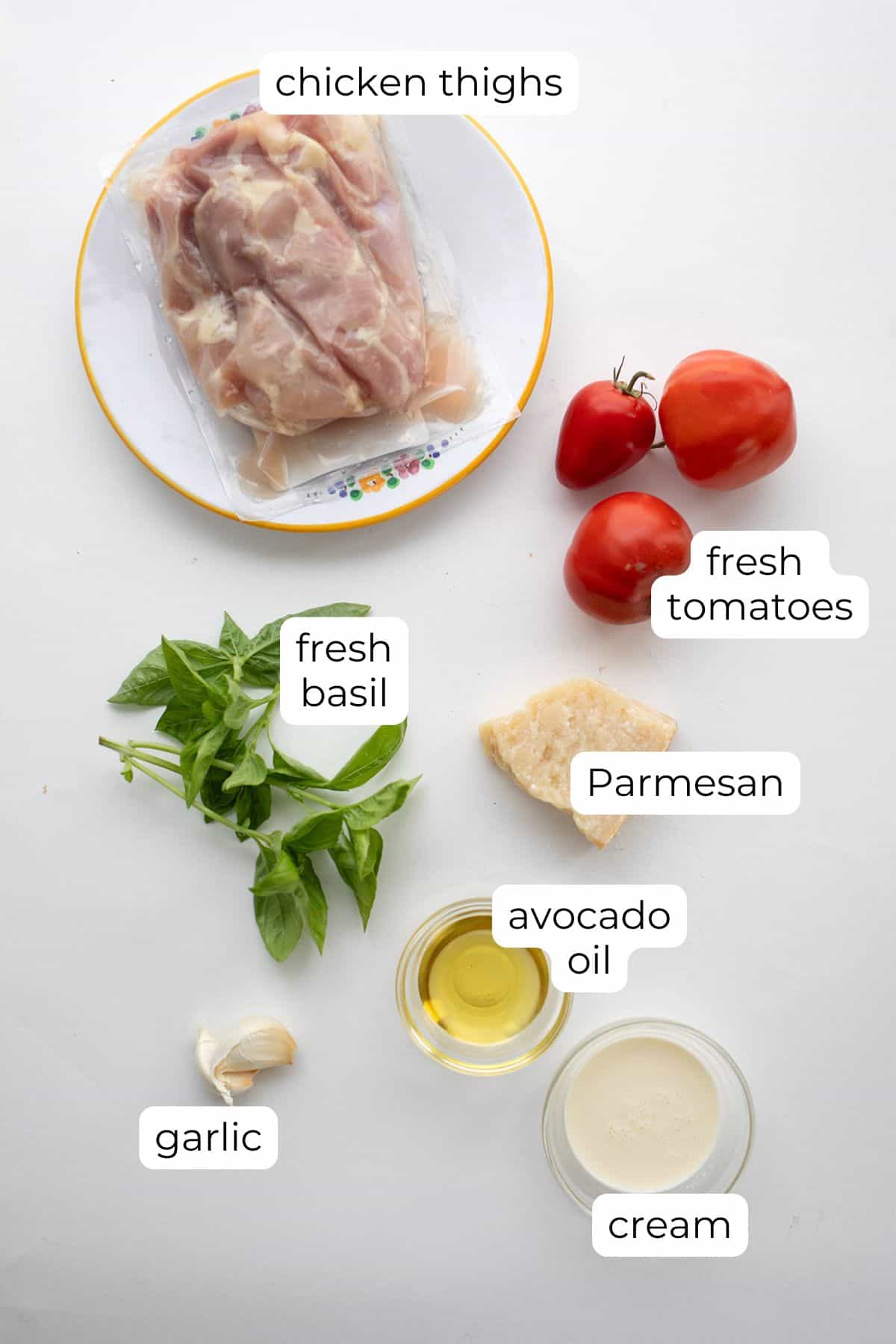 Top down image of ingredients needed for Tomato Basil Chicken.