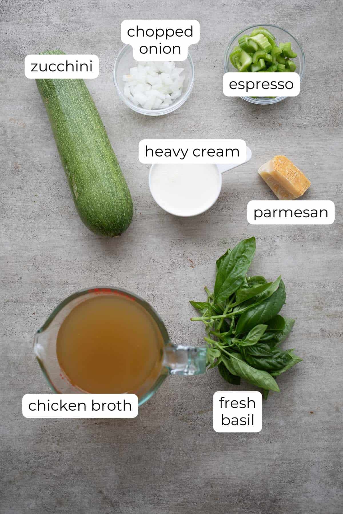 Top down image of ingredients for Keto Zucchini Soup.