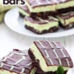 titled image of no bake Keto Chocolate Mint Bars on a white plate.