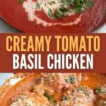 Two photo Pinterest collage for Creamy Tomato Basil Chicken.