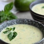 Titled image of a gray speckled bowl filled with zucchini soup, with a sprig of basil on top.