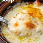 Titled image of Chile Relleno Chicken Soup in a brown soup bowl with a spoon digging in.