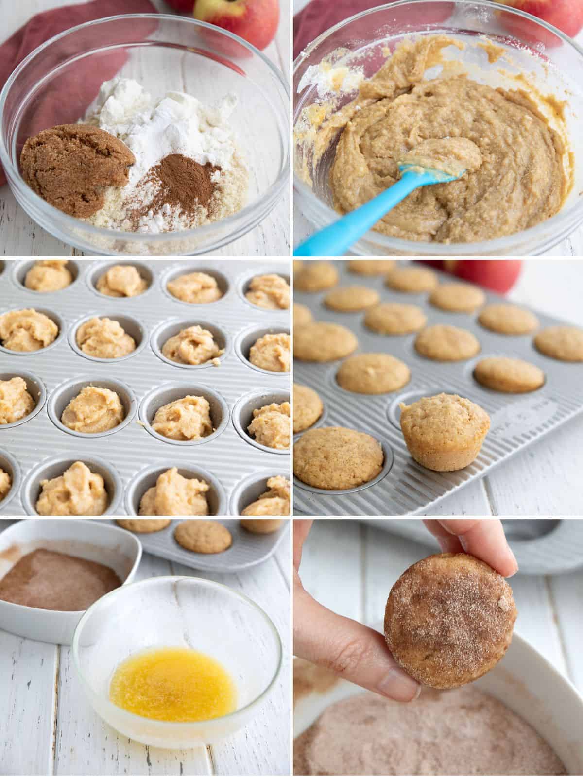 A collage of 6 images showing the steps for making Keto Apple Cider Donut Bites.