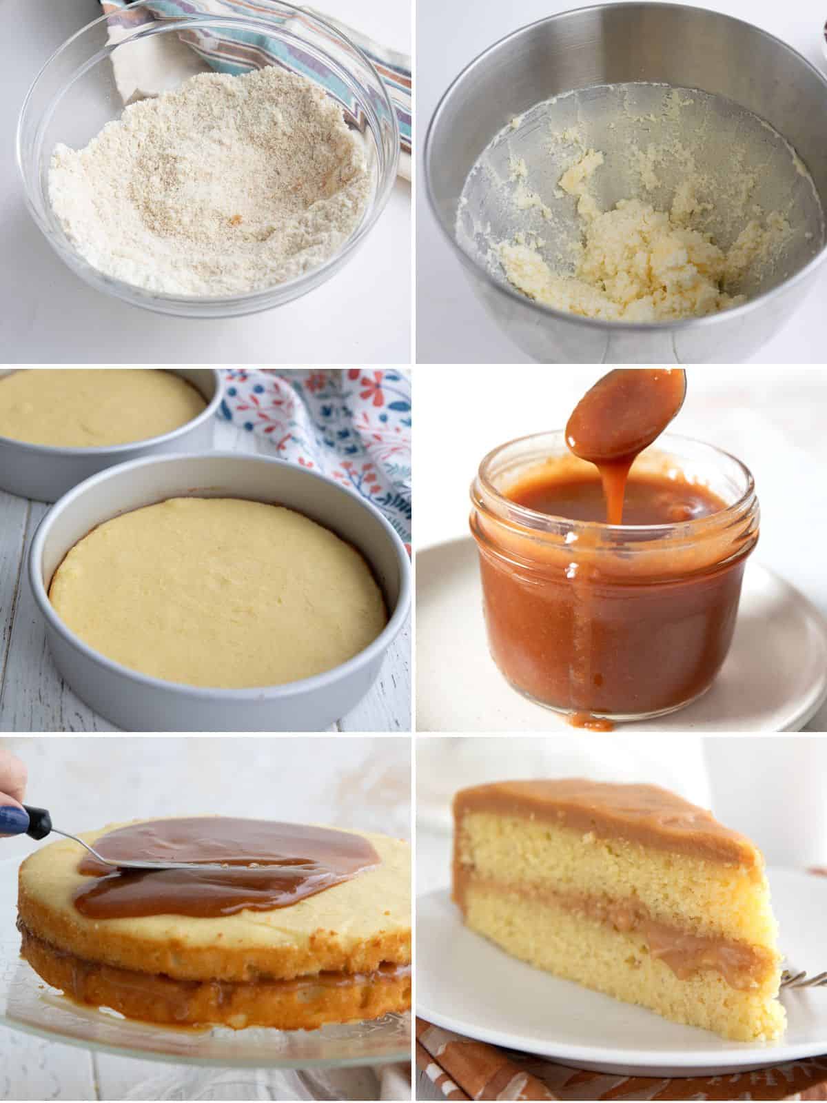 A collage of 6 images showing how to make Keto Caramel Cake.